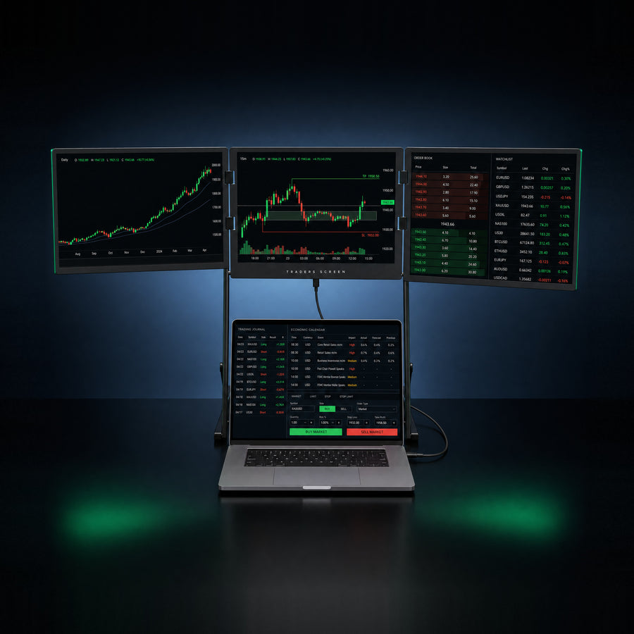 BREAKOUT X3 portable triple monitor for laptop – three 14-inch trading screens with charts behind a laptop